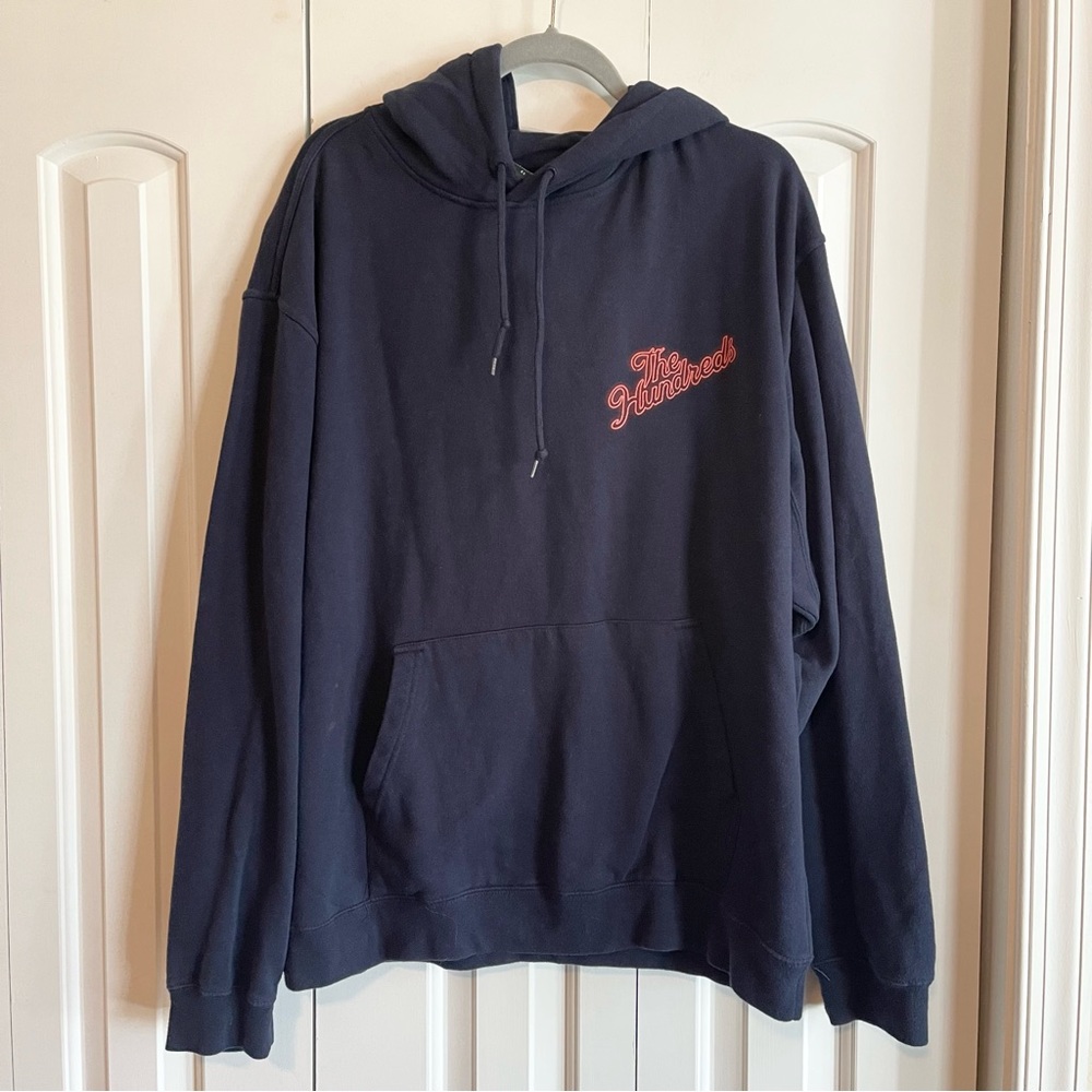 The Hundreds Navy Hoodie with Red Script Logo